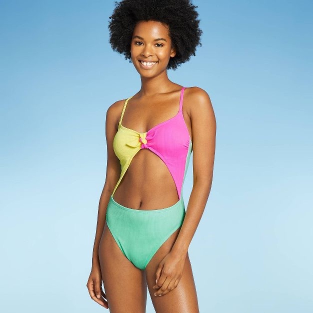 NWT Target Neon Colorblock Swimsuit 💛💕💚 Juniors' Ribbed Tie-Front One Piece